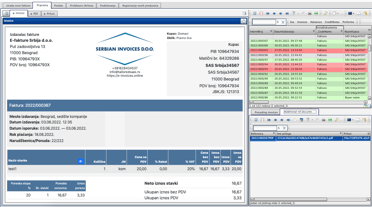 Screen of the e-Invoices Online e-invoicing demo interface showing an electronic invoice example.