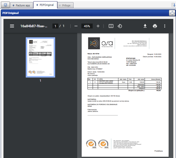 PDF electronic invoice example of received e-invoices in the e-Invoices Online e-invoicing demo.