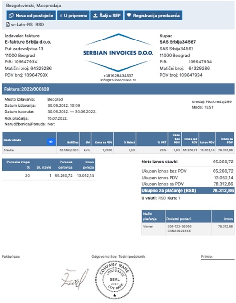 Serbian electronic invoice example created in the e-Invoices Online demo version of e-invoicing.